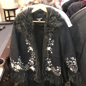 Black and White Suede Coat with Appliqué & Fur